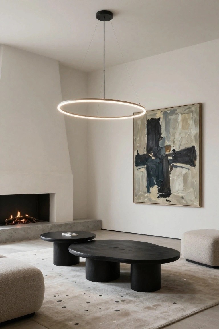 Modern living room with a large glowing ring pendant light hanging above two black oval coffee tables on a light gray rug, beige poufs nearby, white walls, abstract painting, and gas fireplace.