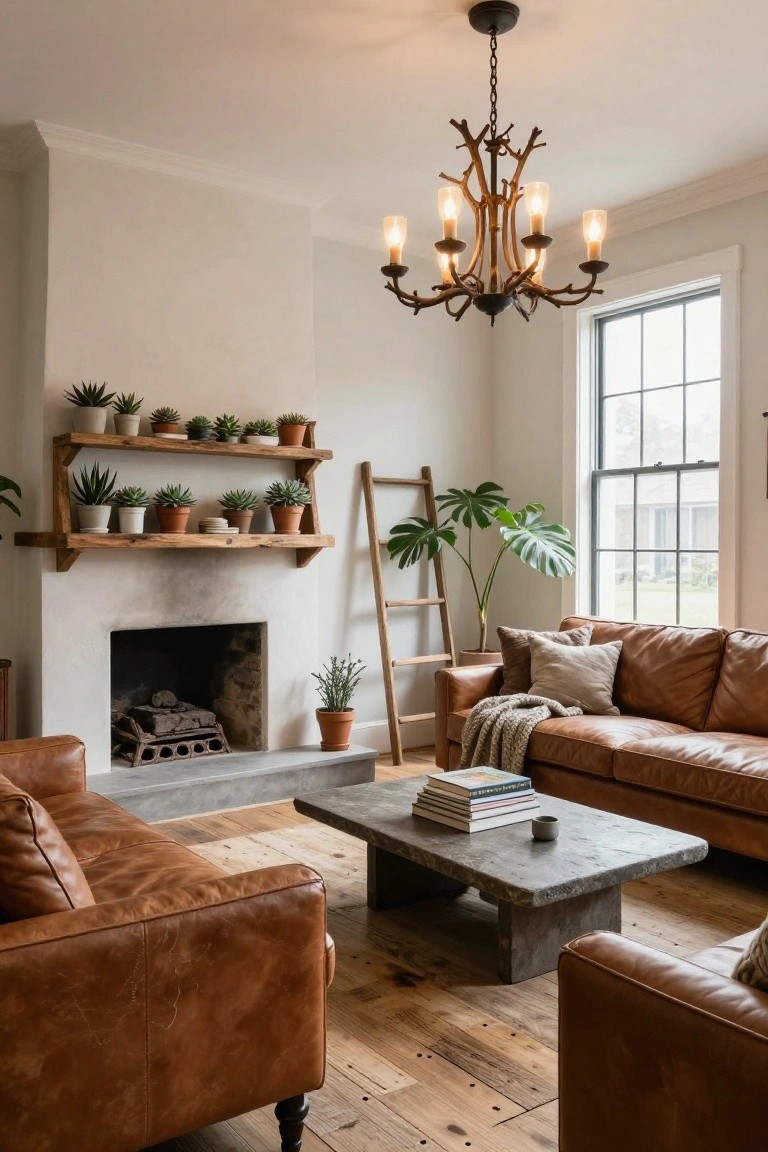 Living room with tan leather sofas around a concrete coffee table, wooden shelves with succulents above a fireplace, a tall fiddle leaf fig plant next to a wooden ladder shelf, large windows, hardwood floors, and a rustic branch-style chandelier with multiple glass shades hanging from the ceiling.