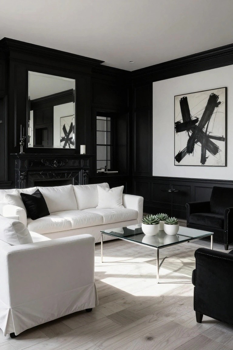 A living room featuring black wood paneling on walls and trim, a black marble fireplace, white upholstered sofas and chairs around a glass coffee table, and a large abstract black and white painting on the wall.