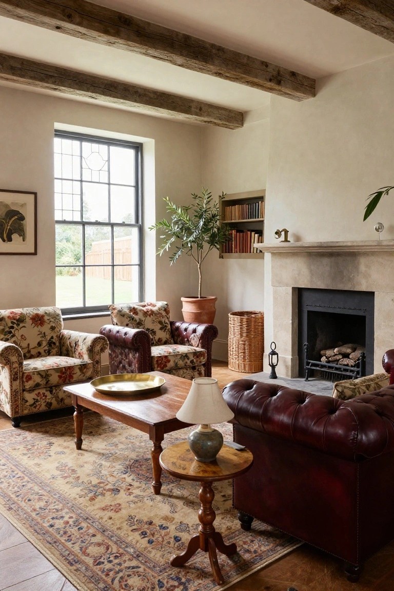 Cozy living room with leather sofas, floral armchairs, and a stone fireplace.