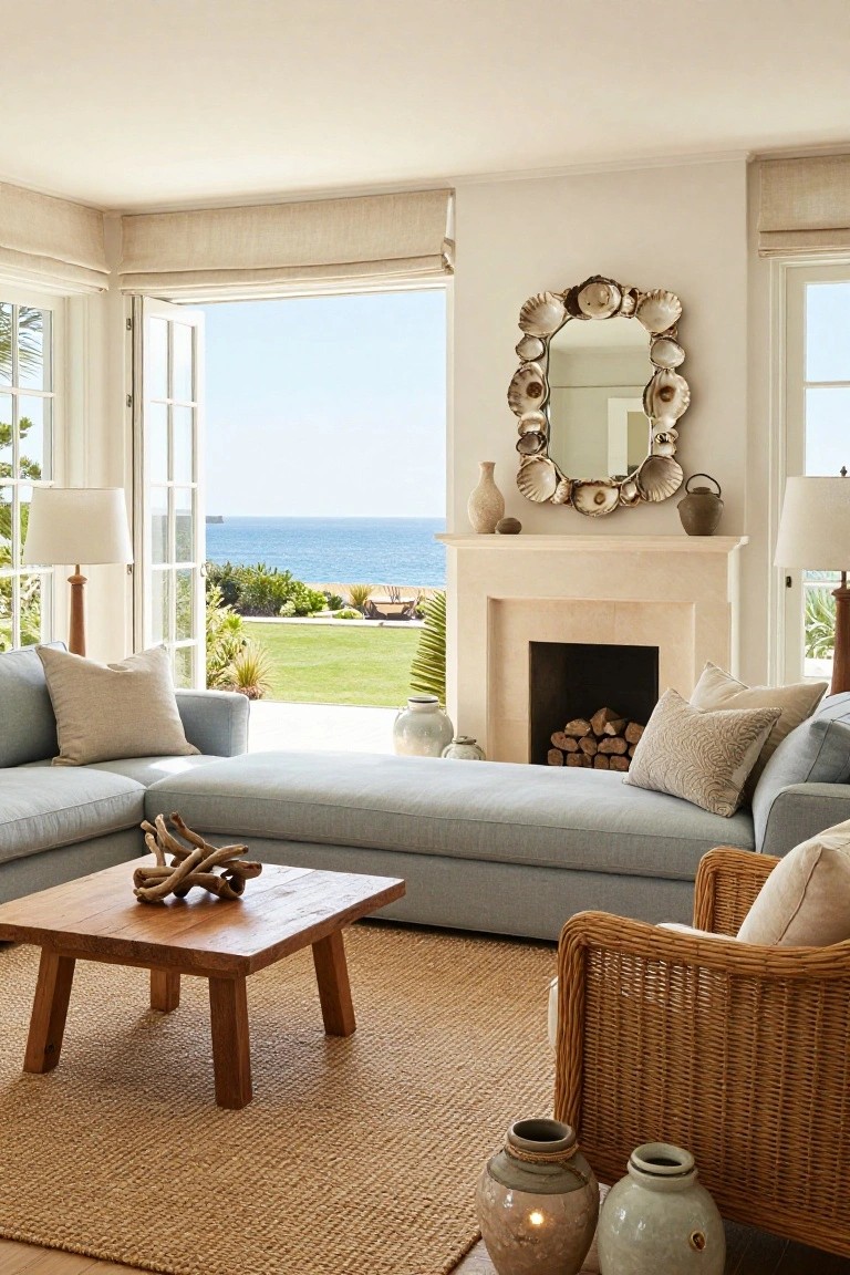 Light blue-gray sectional sofa and rattan armchair on seagrass rug in a neutral living room with shell mirror above limestone fireplace, wooden coffee table with driftwood, and open French doors to ocean view.