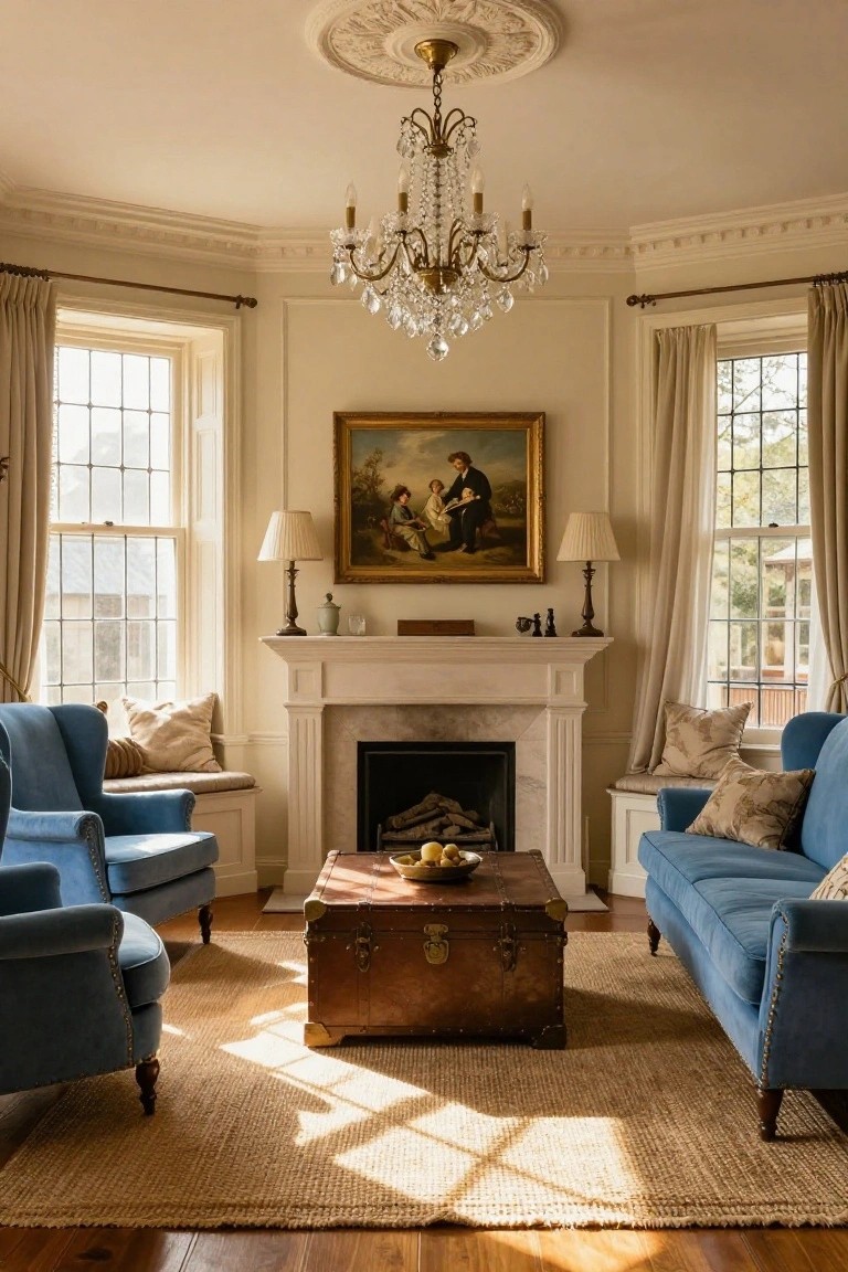 Light beige living room with two blue velvet wingback chairs and a matching sofa arranged symmetrically around a wooden trunk coffee table in front of a white marble fireplace, crystal chandelier overhead, and tall curtained windows.