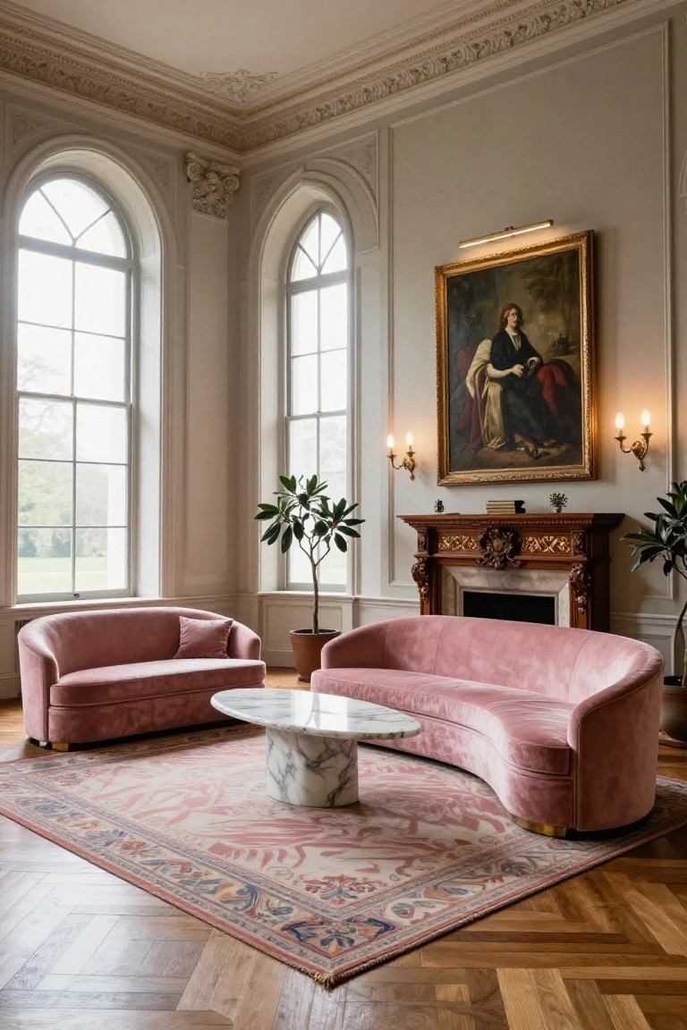 A grand living room interior with two curved blush pink velvet sofas facing an ornate wooden fireplace, a white marble oval coffee table between them, tall arched windows, a large gilded portrait painting on the wall, potted plants, and herringbone parquet flooring.