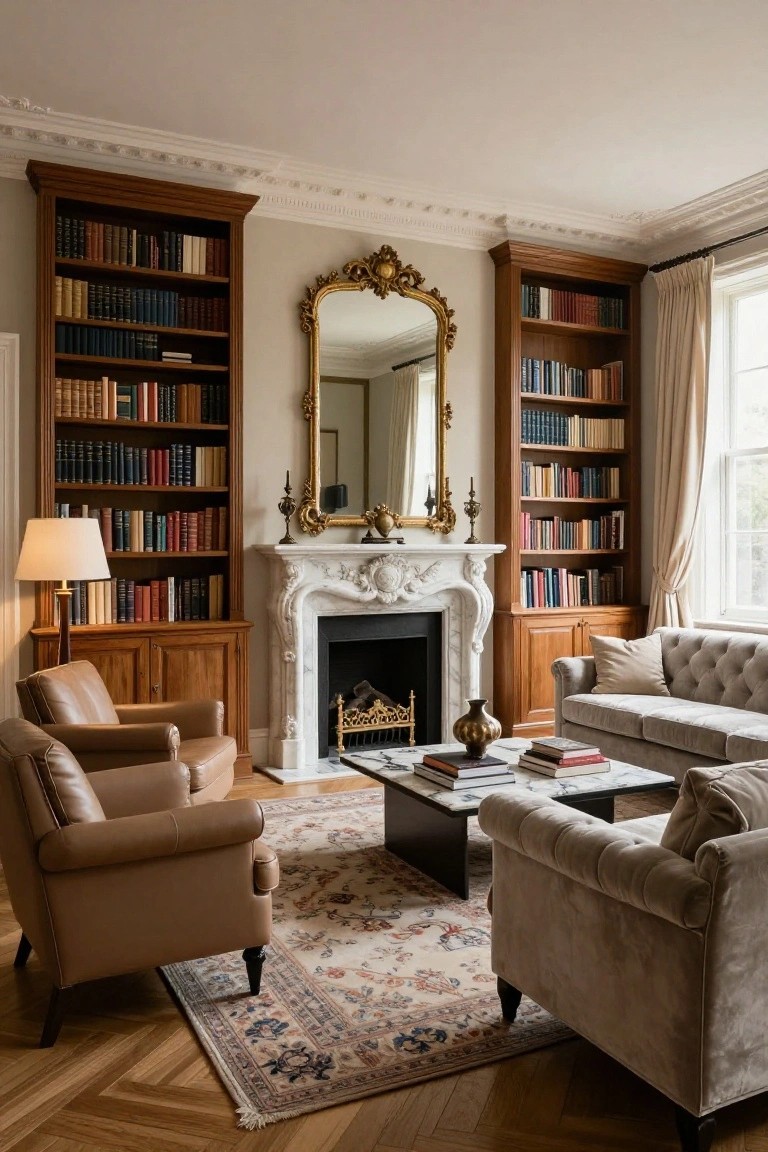 Living room with tall wooden bookcases flanking a white ornate fireplace topped by a large gold mirror, tan leather armchairs, gray velvet sofa, black marble coffee table on a patterned rug, and parquet wood floor.