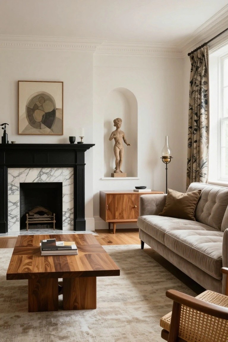 Elegant living room with marble fireplace, wooden furniture, and arched sculpture niche.