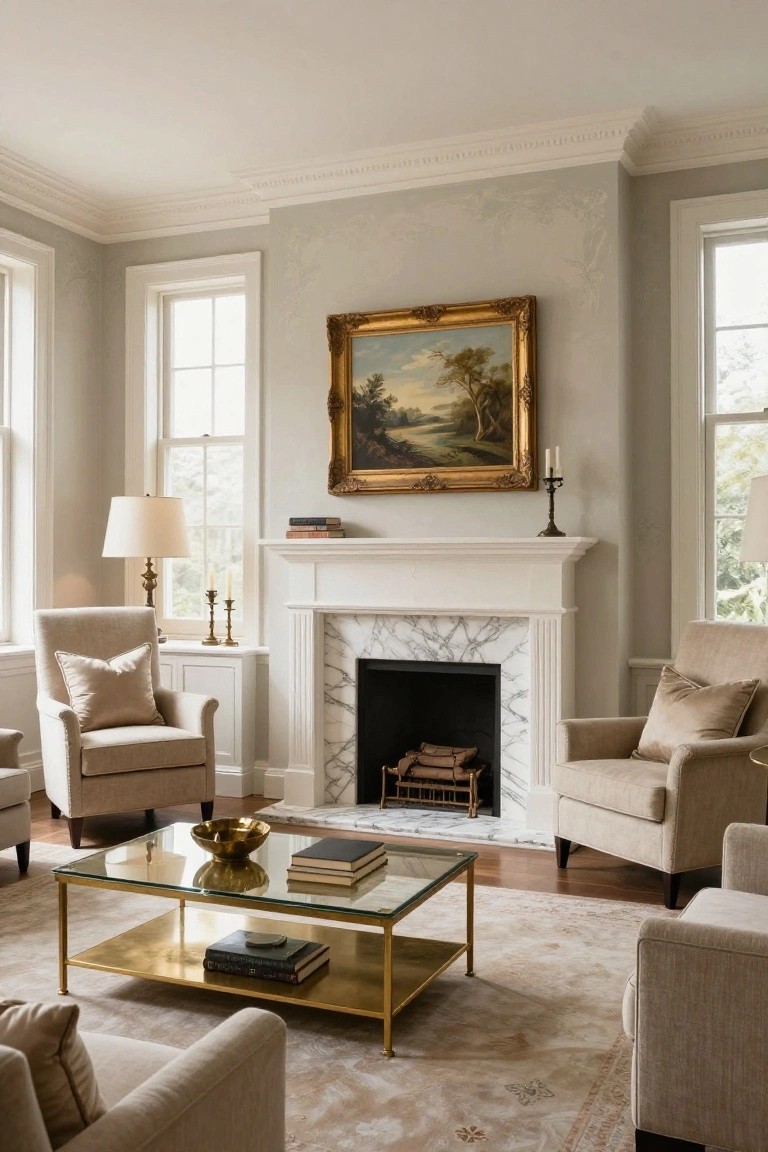 A light gray living room with a white marble fireplace mantel, neutral upholstered armchairs, brass coffee table, gilded framed painting above the mantel, and large windows.