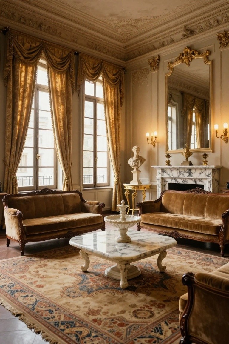 Luxurious beige living room with two brown velvet sofas facing each other across a white marble coffee table, ornate gold mirror, marble fireplace with classical bust, and heavy gold drapes on tall windows.
