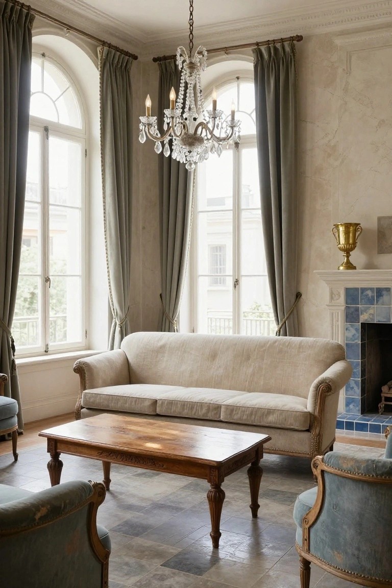 Classic living room with crystal chandelier above beige linen sofa, wooden coffee table, antique armchairs, tall arched windows draped in gray fabric, beige plaster walls, and fireplace with blue tiles.