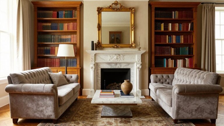 Living room with tall wooden bookcases flanking a white ornate fireplace topped by a large gold mirror, tan leather armchairs, gray velvet sofa, black marble coffee table on a patterned rug, and parquet wood floor.