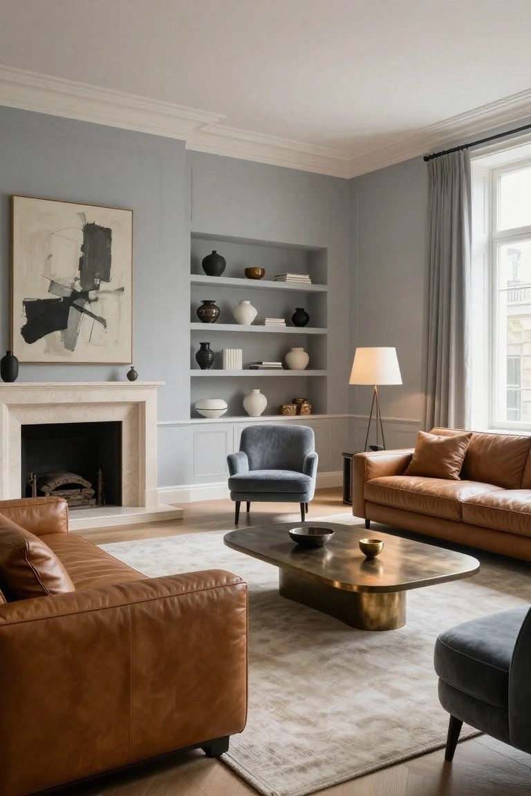 Light gray paneled living room with tan leather sofas, blue velvet armchairs, marble fireplace, built-in shelves holding ceramics and books, brass coffee table, floor lamp, and large abstract wall art.