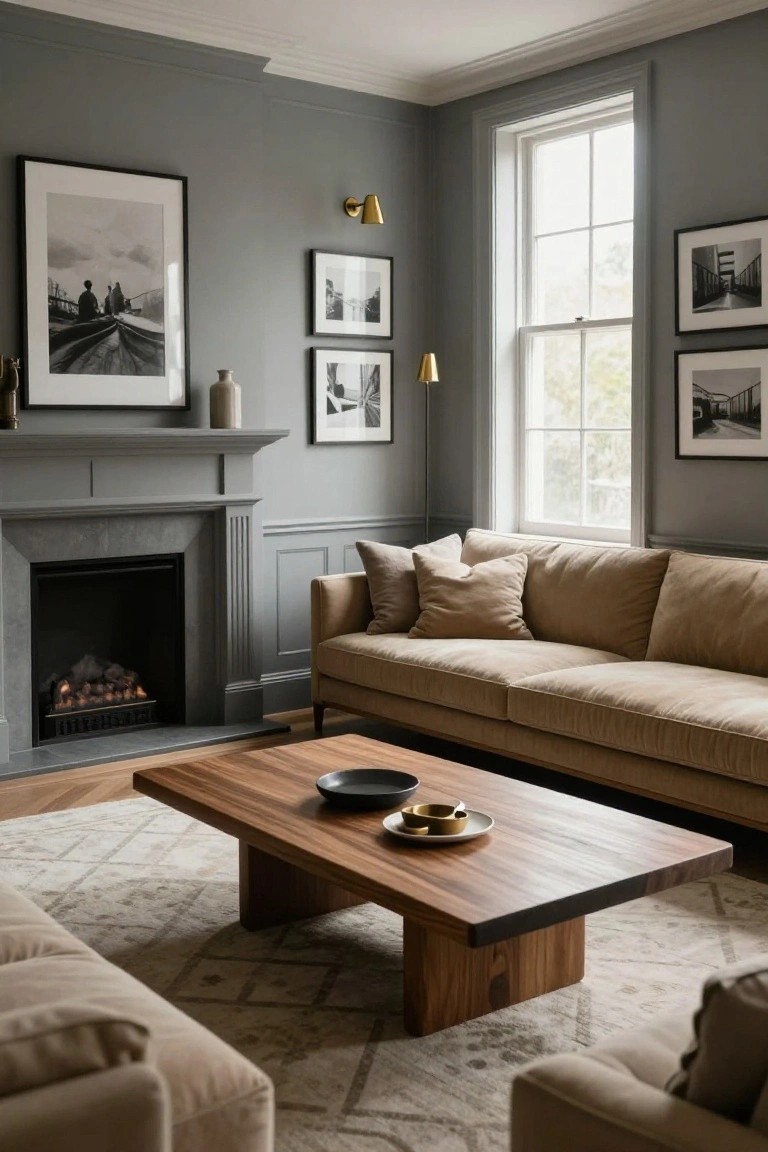 A living room with light gray walls and fireplace, beige sofas, low dark wood coffee table on a light patterned rug, throw pillows, and black and white framed photos near a large white sash window.