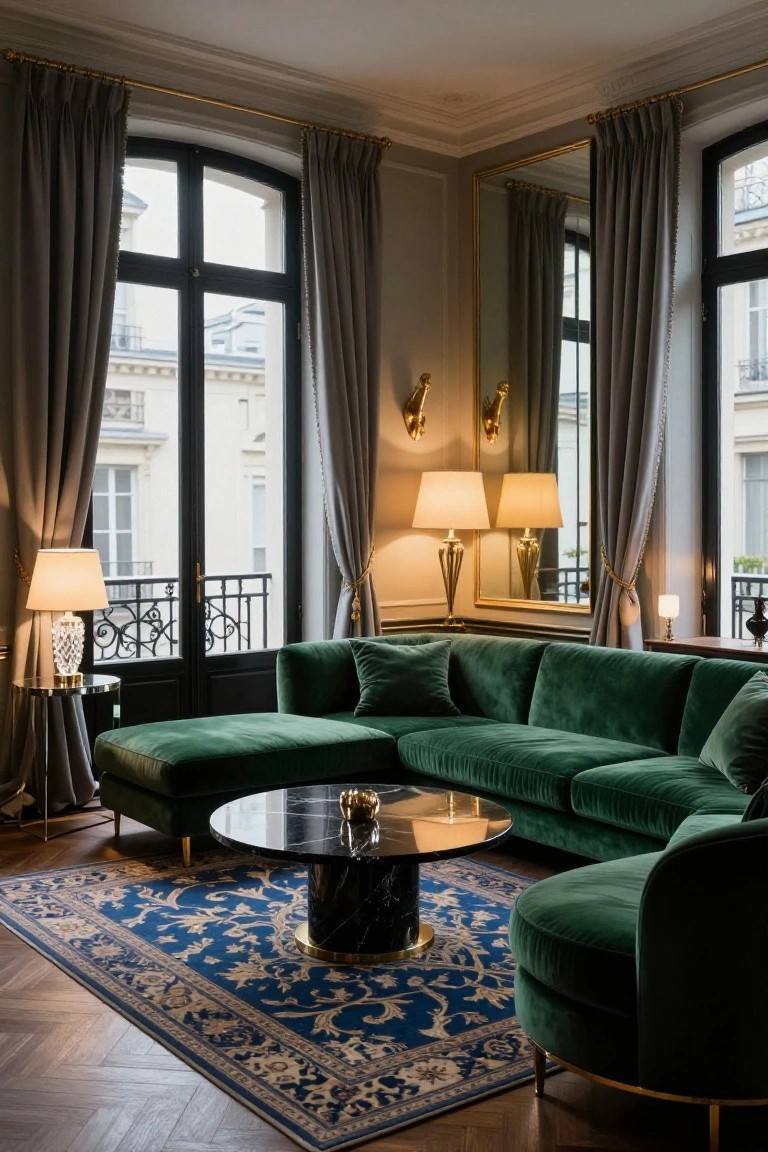 Luxury living room interior with emerald green velvet L-shaped sectional sofa, black marble coffee table on blue oriental rug, paired floor lamps, gold mirror, and large curtained windows overlooking Paris street.