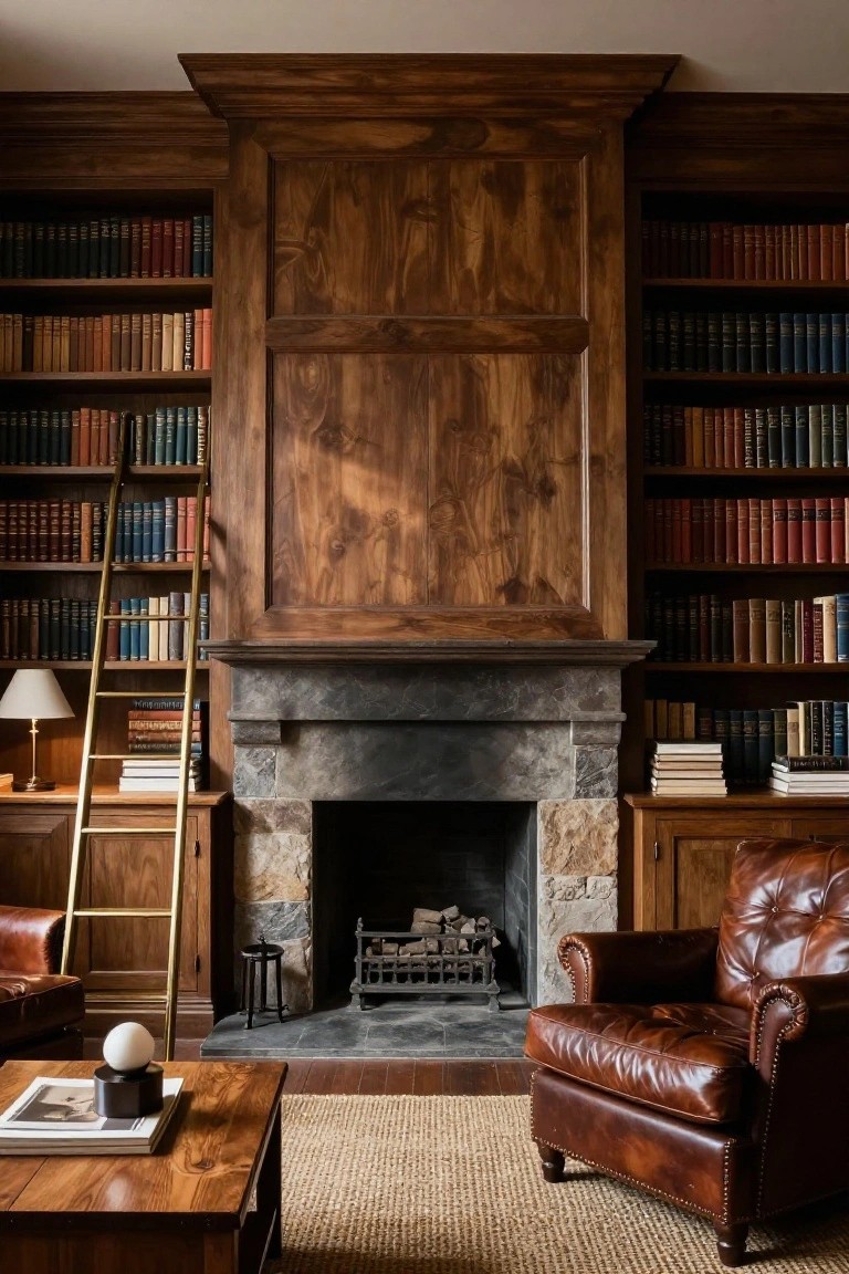 Wood-paneled library interior with tall built-in bookshelves on both sides of a central stone fireplace, brass library ladder, leather armchair, wooden coffee table, and stacks of books on shelves.