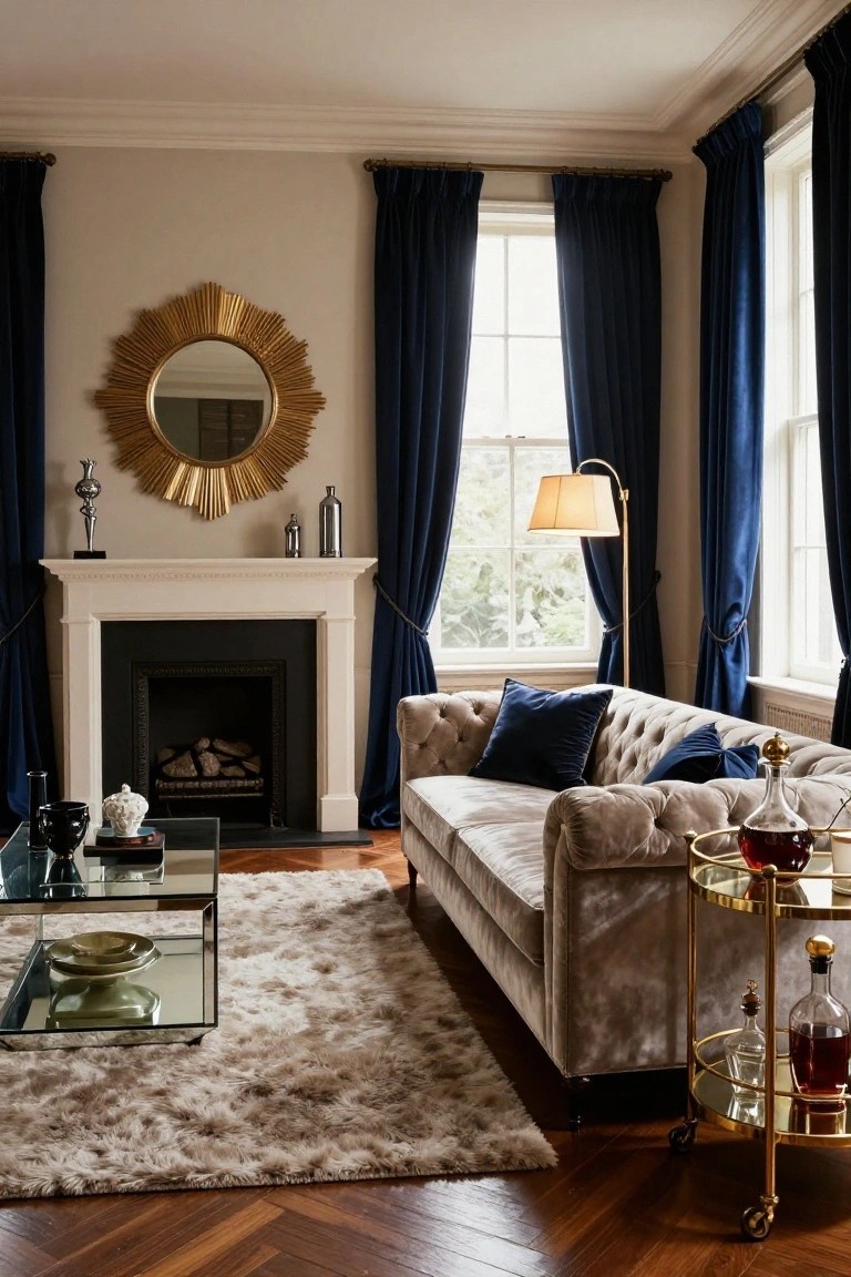 Classic luxury living room with navy velvet curtains on tall windows, gold sunburst mirror and silver vase above white fireplace mantel with burning logs, tufted light taupe sofa with navy pillows, glass coffee table, gold bar cart with liquor bottles, and herringbone parquet wood floor.