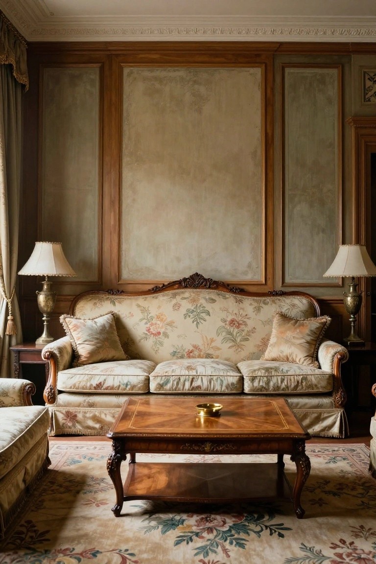 A traditional living room with light floral-upholstered sofa and armchairs around a carved wooden coffee table, wood-paneled walls, brass lamps on side tables, and a patterned rug.
