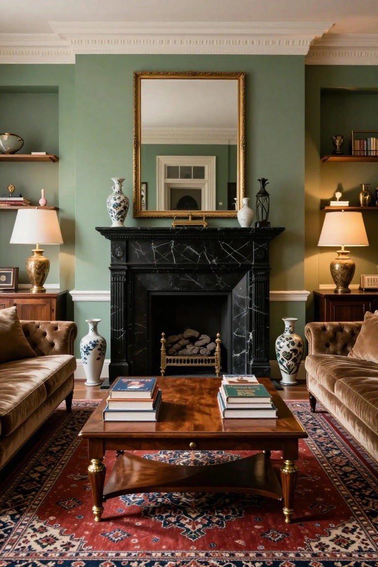 Traditional living room interior with sage green walls, black marble fireplace under a large gold mirror, matching porcelain vases and lamps flanking the fireplace, tufted velvet sofas, wooden tables, books on coffee table, and oriental rug.
