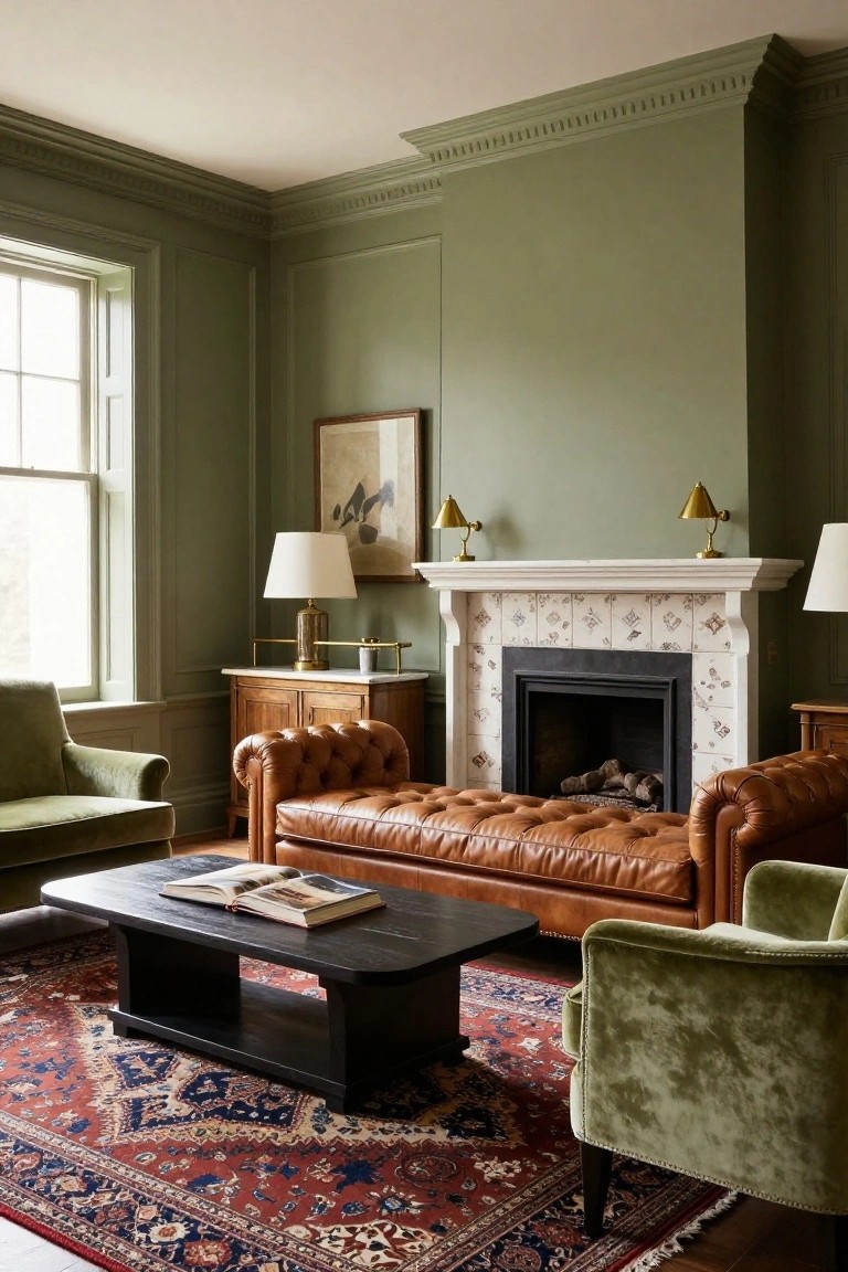 Green-walled living room with brown leather sofa, green velvet chairs, and fireplace.