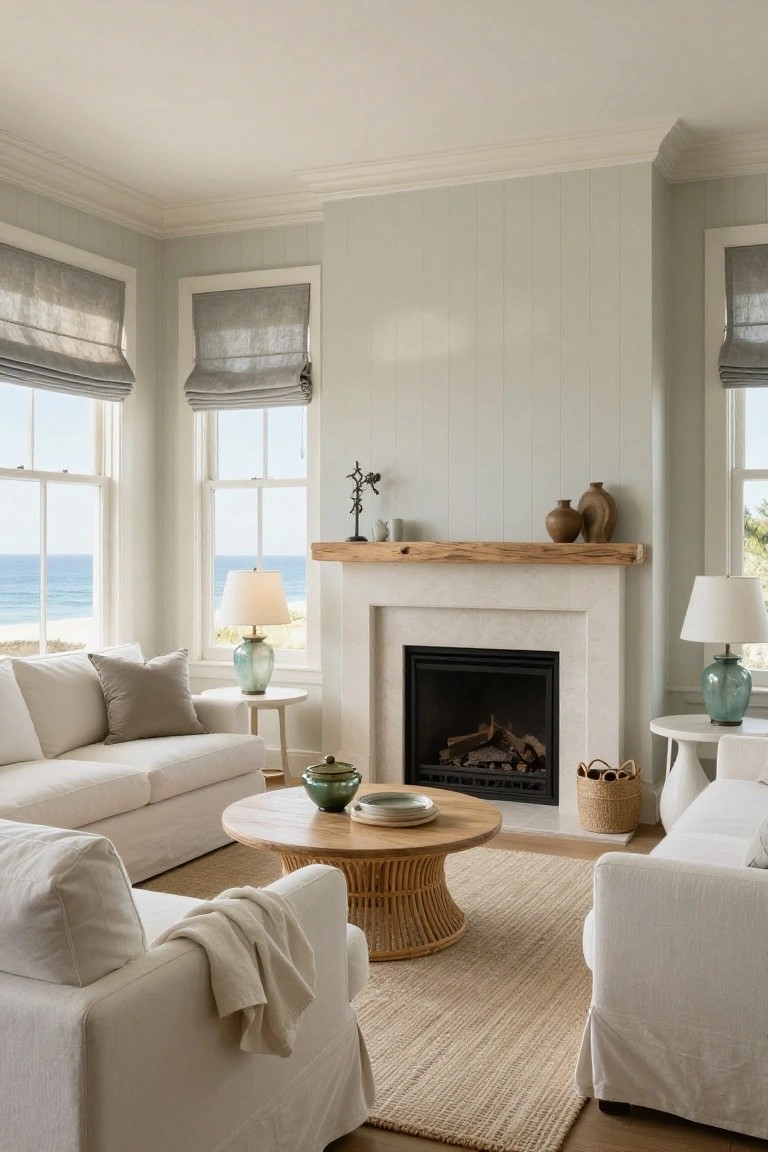 A living room with white slipcovered sofas and armchairs arranged on a beige rug around a wood coffee table, featuring a stone fireplace with wood mantel on pale shiplap walls and large windows overlooking the ocean.