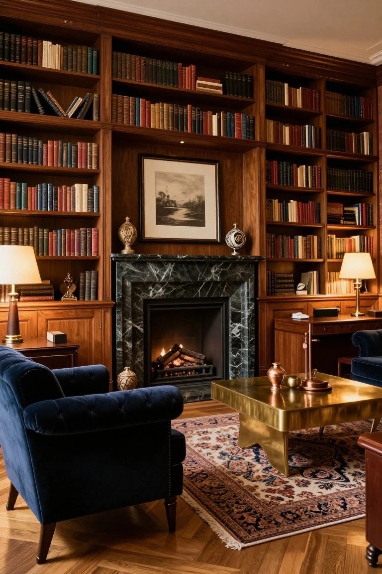 A cozy library interior with dark wood paneling and floor-to-ceiling bookshelves filled with books, a green marble fireplace with a fire burning, two navy velvet armchairs, a brass coffee table, and table lamps on wooden furniture.