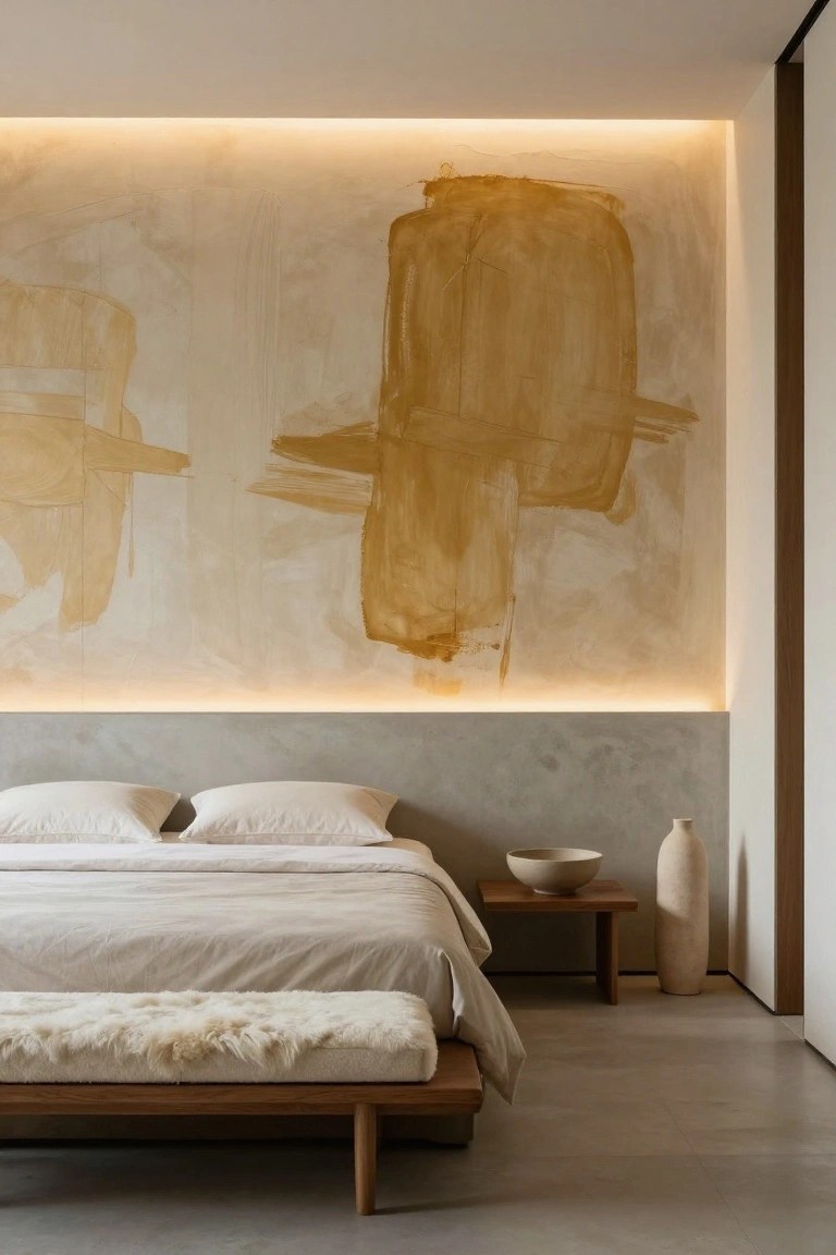 Bedroom interior featuring two large beige and ochre abstract paintings on a textured plaster wall with LED backlighting above a gray concrete headboard, white bed linens, wooden bench at foot, side table with ceramic bowl and tall vase, and polished concrete floor.