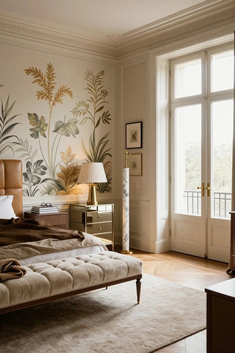 Cream-colored bedroom with walls featuring a large botanical mural of tropical plants and leaves in green, gold, and beige tones, tan leather headboard bed with beige bedding, mirrored nightstand with lamp, and French doors open to a balcony.