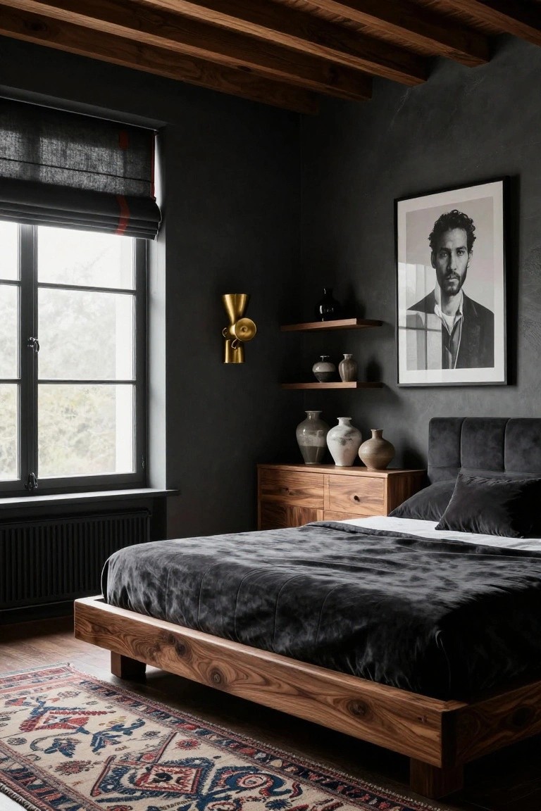 Bedroom interior with dark gray walls, wooden platform bed draped in gray velvet bedding, nightstands topped with ceramic vases, floating shelves, a large framed black-and-white portrait of a man in a suit, brass wall sconce, and window with black roman shade.