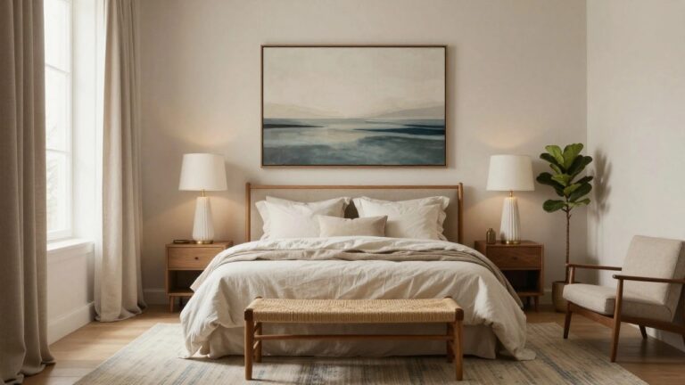 20 Gorgeous Luxury Bedroom Art and Wall Decor Ideas That Inspire Bedroom interior with beige walls, rattan bed frame with white linens, two large framed blue ocean wave paintings above the bed flanked by wall sconces, marble-based lamps on wood nightstands, fiddle leaf fig plant, foot bench, and blue-gray area rug on wood floors.