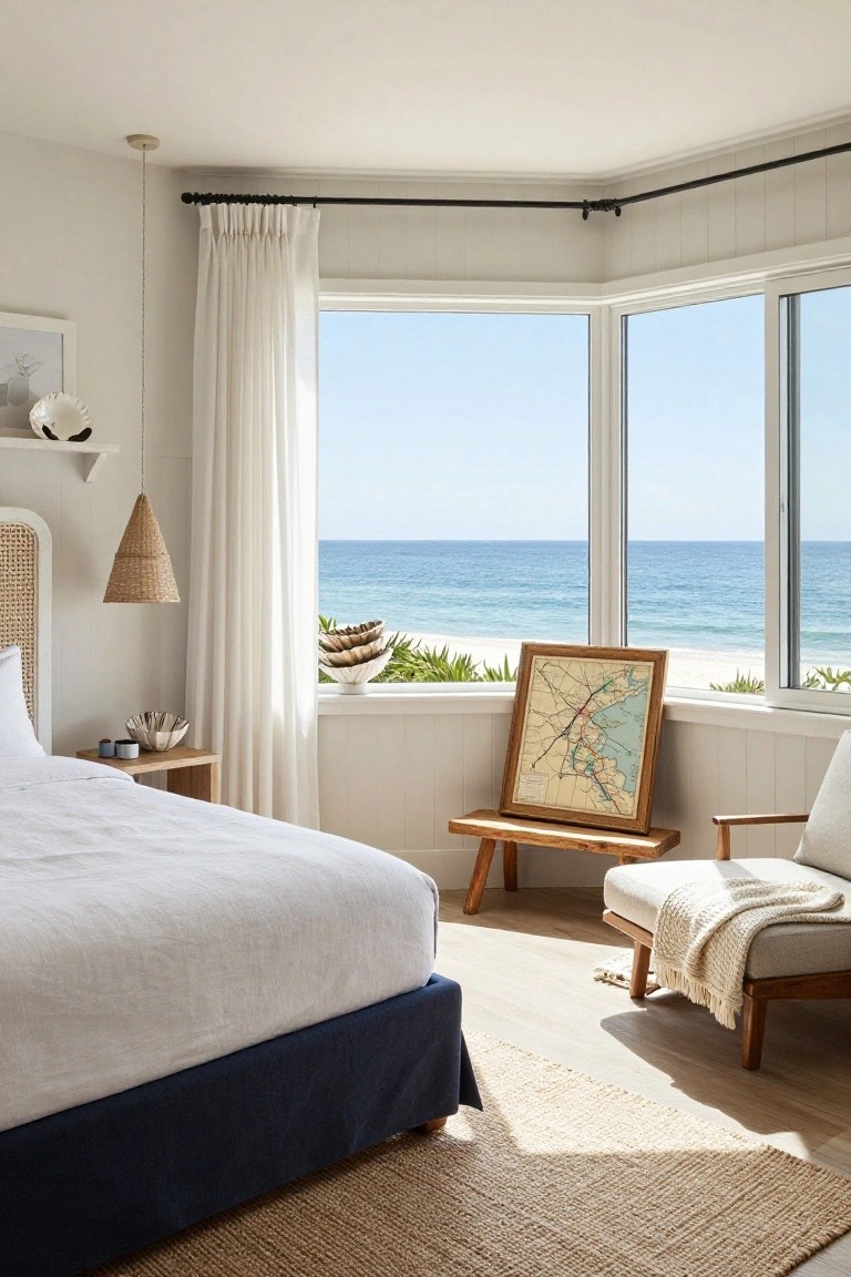 Bright corner bedroom with white walls and wood floors, king bed with white linens and navy base, rattan headboard, large windows showing blue ocean and beach, framed vintage map leaning on wooden stool near window, and white armchair with cream throw.