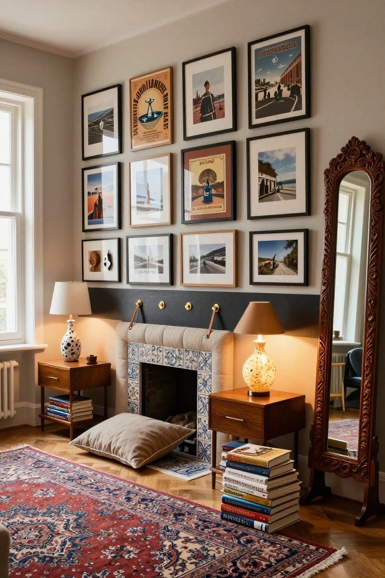 A living room interior with a large gallery wall of assorted framed posters, photographs, and art above a blue-tiled fireplace, flanked by wooden side tables with lamps, stacks of books, a floor pillow, ornate mirror, and red Persian rug on parquet floor.