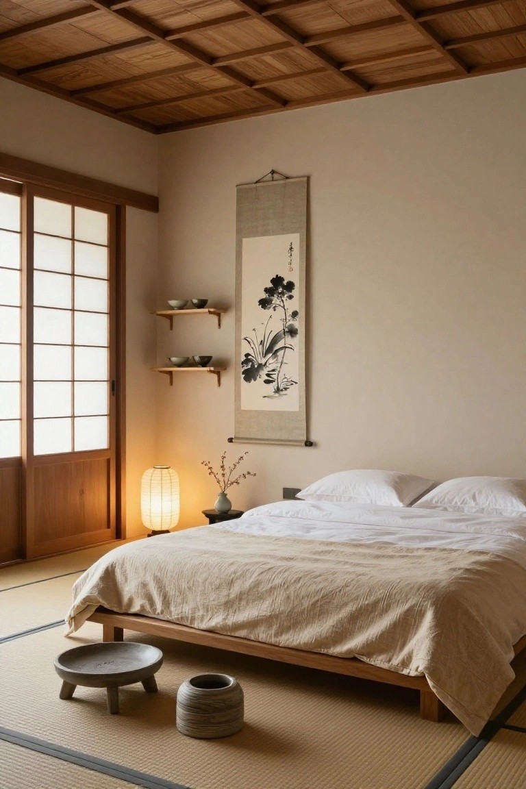 Minimalist Japanese-style bedroom with tatami flooring, low wooden platform bed with beige linens, hanging scroll painting of black ink flowers on beige wall, floating shelves holding ceramic bowls, paper lantern lamp, and shoji doors.