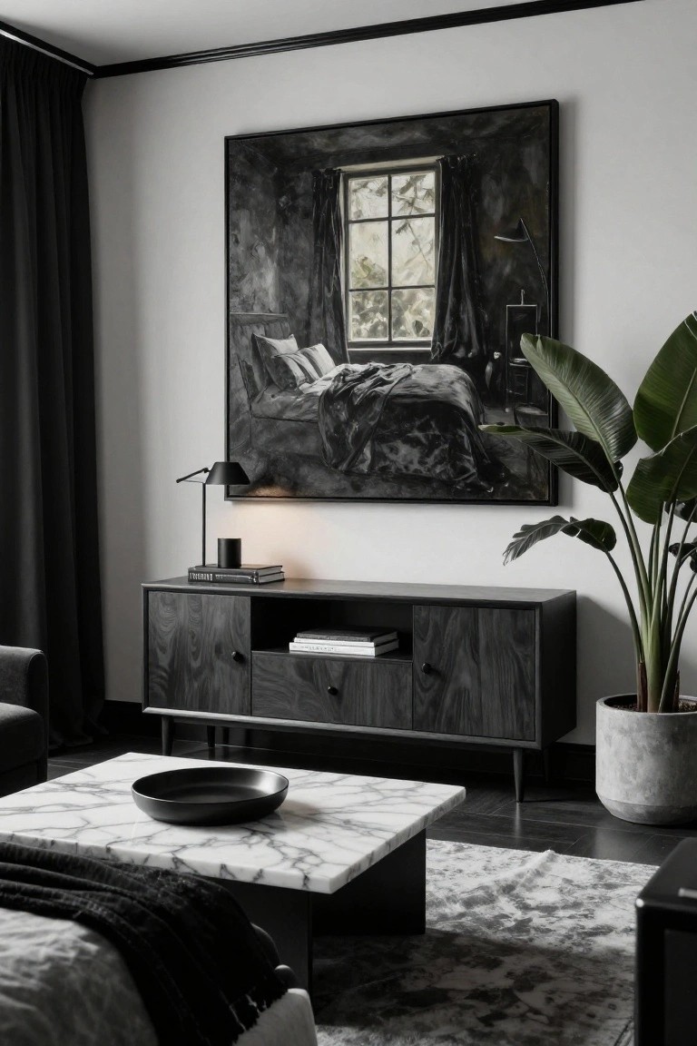 Modern bedroom vignette featuring a large dark-toned abstract painting of a bed by a window above a black wood credenza with lamp, candle, and books, plus marble coffee table, potted plant, and neutral rug.