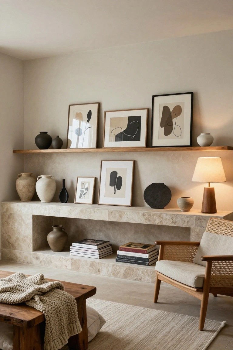 Beige interior wall with floating oak shelves displaying framed abstract beige and black artworks alongside ceramic vases of various shapes, above a stone niche holding books and more pottery next to a rattan armchair.