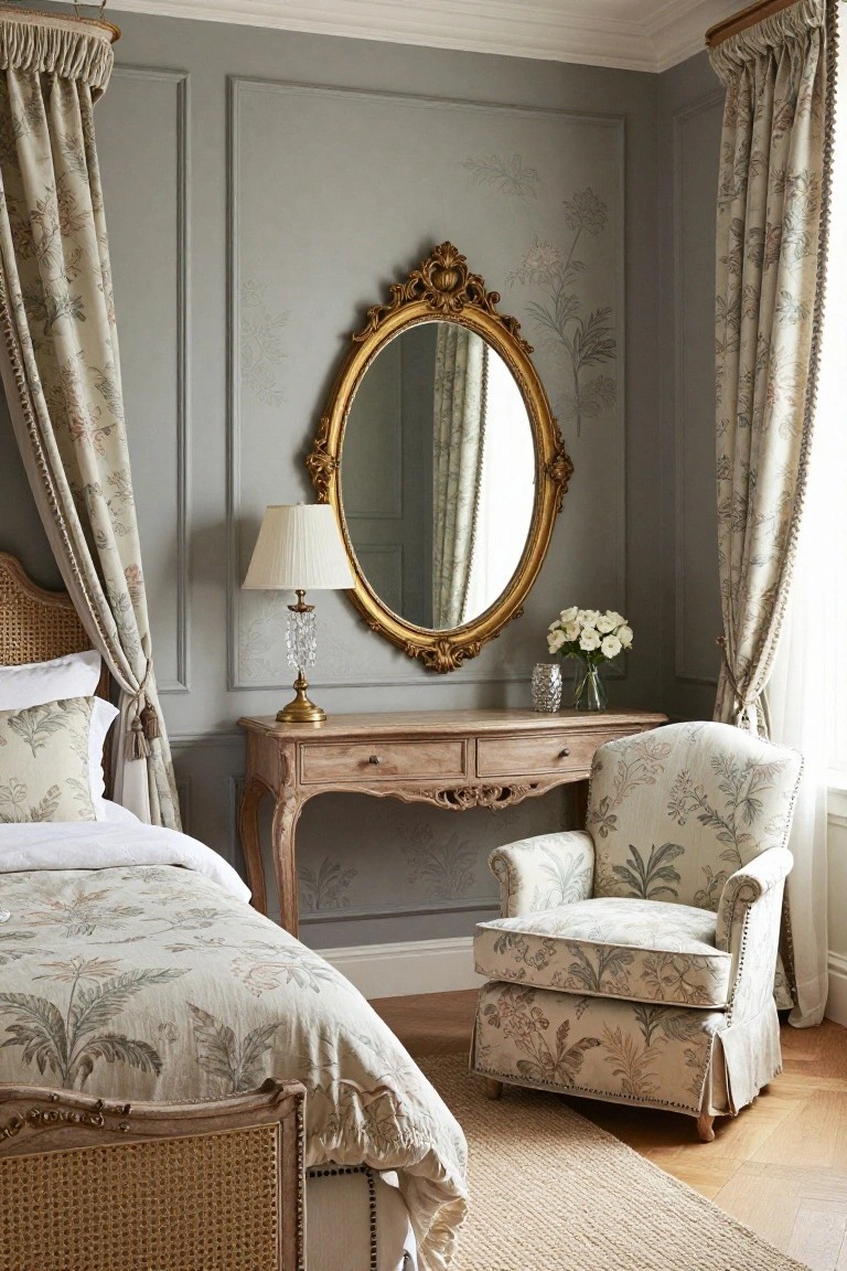 Corner of a luxury bedroom with pale grey paneled walls and subtle hand-drawn leaf motifs, featuring a large ornate gold-framed oval mirror above a carved wooden console table with a pleated lamp, white flowers in a glass vase, next to a rattan four-poster bed draped in floral linens and a matching upholstered armchair.