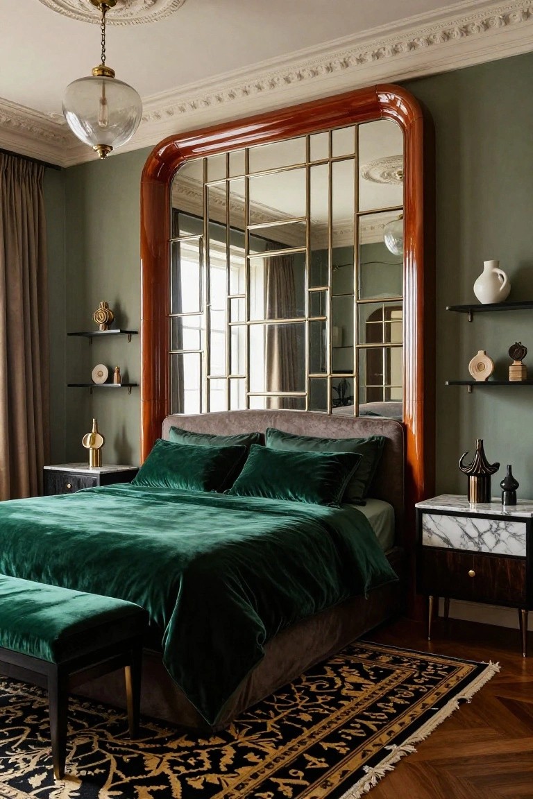 A bedroom interior featuring a large arched mirror with reddish wood frame and brass dividers on a green wall, emerald green velvet bed linens on a gray upholstered bed, matching green bench, marble-topped nightstands, shelves with ceramics, and a patterned rug on wood floors.