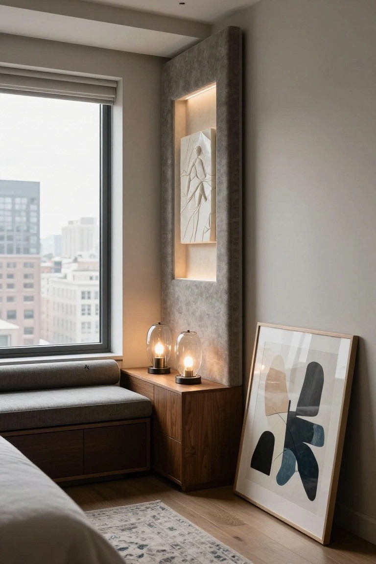 Modern bedroom corner with tall gray textured wall panel featuring recessed backlit niche displaying white abstract line art, wooden bench with two lit glass lamps, large leaning oak-framed abstract print in beige and blue tones, bed edge, and window with city skyline view.