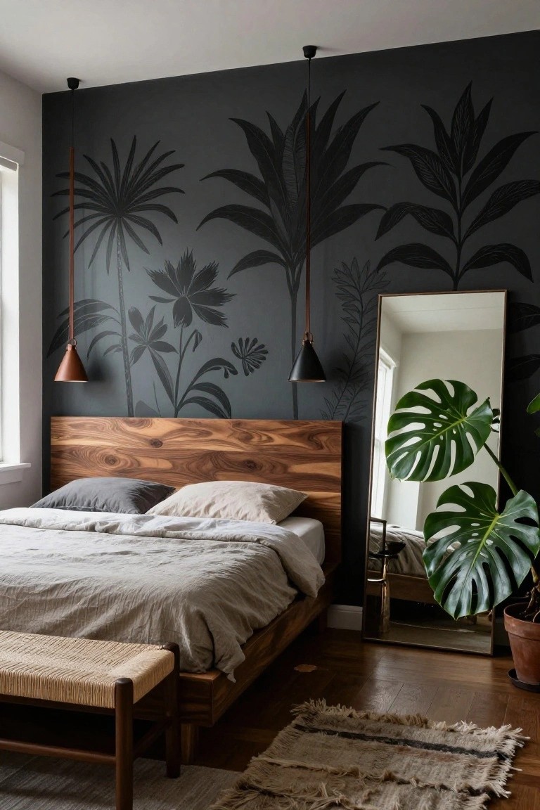 Bedroom with dark gray accent wall covered in black tropical leaf and flower illustrations, wooden platform bed with gray and beige linens, foot bench, gold-framed full-length mirror reflecting plants, two copper pendant lights, potted monstera, and hardwood floors.