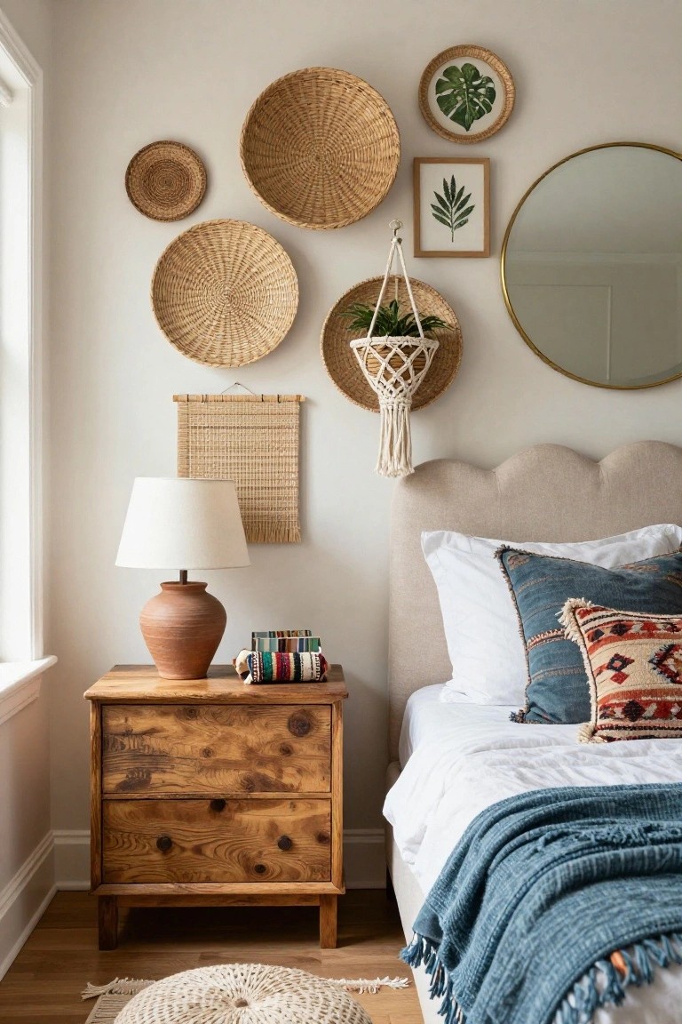 Bedroom corner showing a beige tufted headboard on a bed with white bedding and blue throw, wooden nightstand with terracotta lamp and books, and wall with assorted woven baskets, hanging plant, framed prints, and gold mirror.