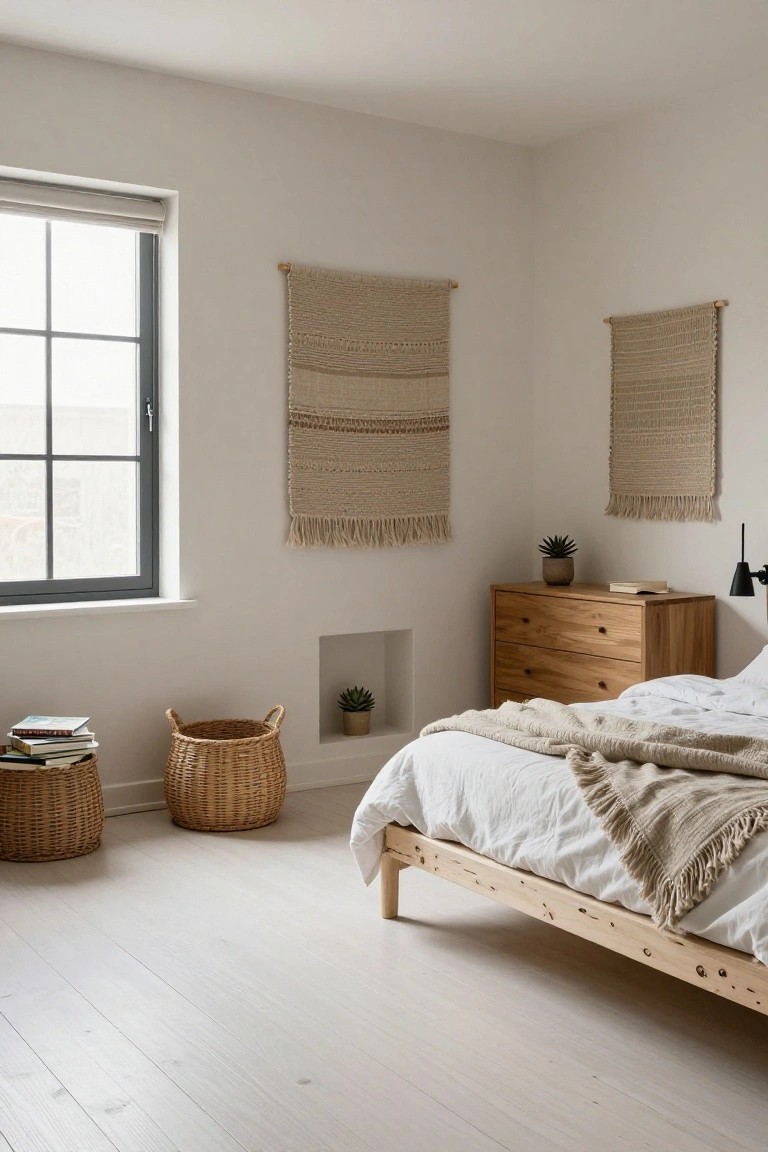 A minimalist bedroom with light wood floors, platform bed with white sheets and beige throw, wooden dresser, two beige woven wall hangings on white walls, potted plants, wicker baskets, and a roller blind on the window.