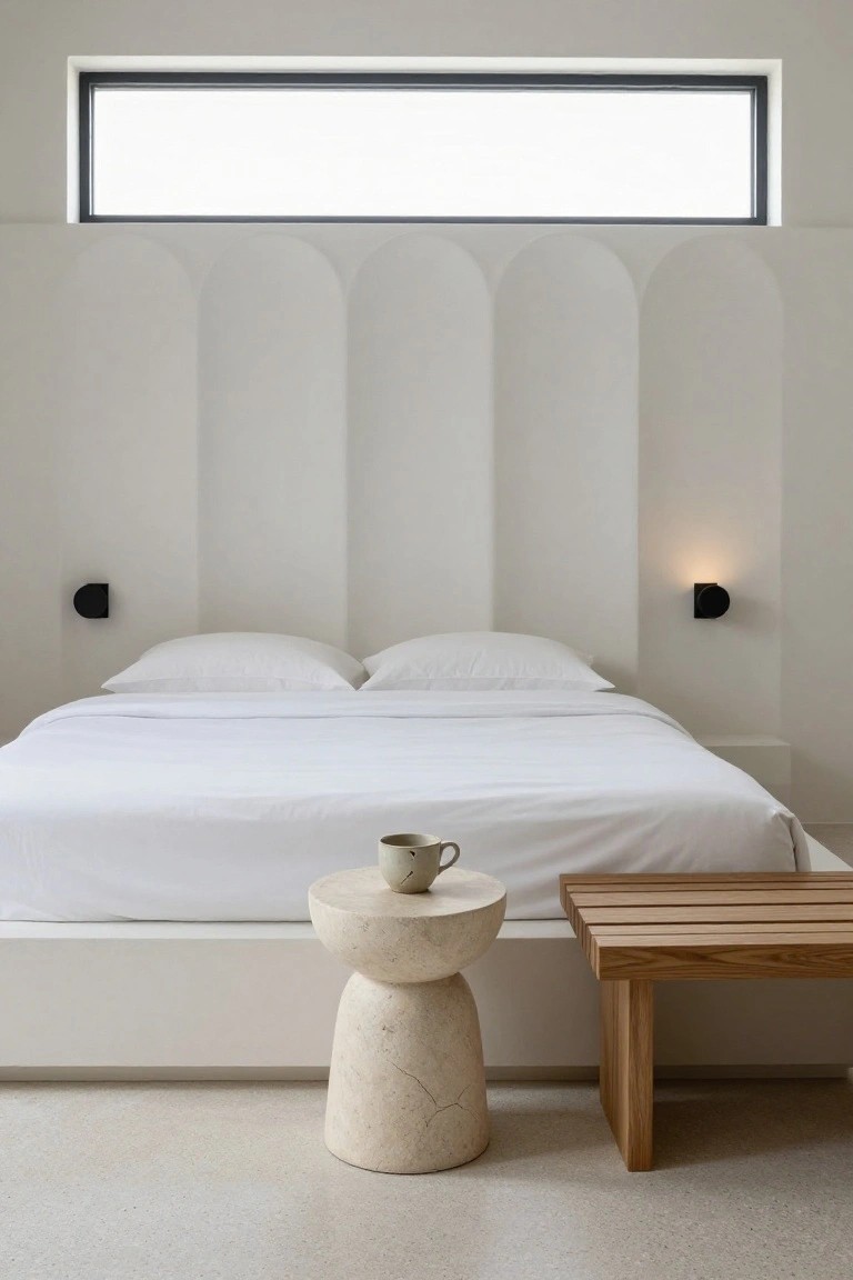 Modern bedroom with white bed against white wall featuring three curved arches, black wall sconces, beige stone pedestal table holding a mug, wooden bench, and large horizontal window above.