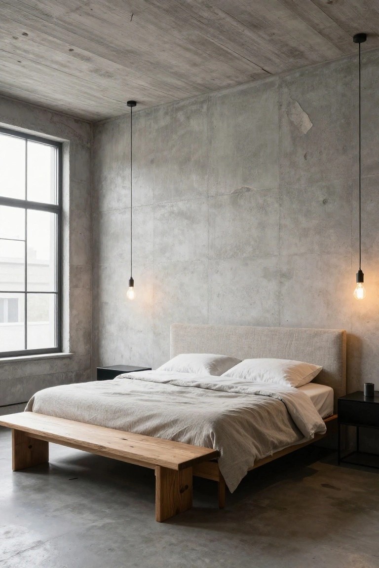 A bedroom with exposed rough concrete walls and ceiling, large industrial windows, a low beige upholstered bed with white linens, wooden bench at the foot, black side tables, and black pendant lights.