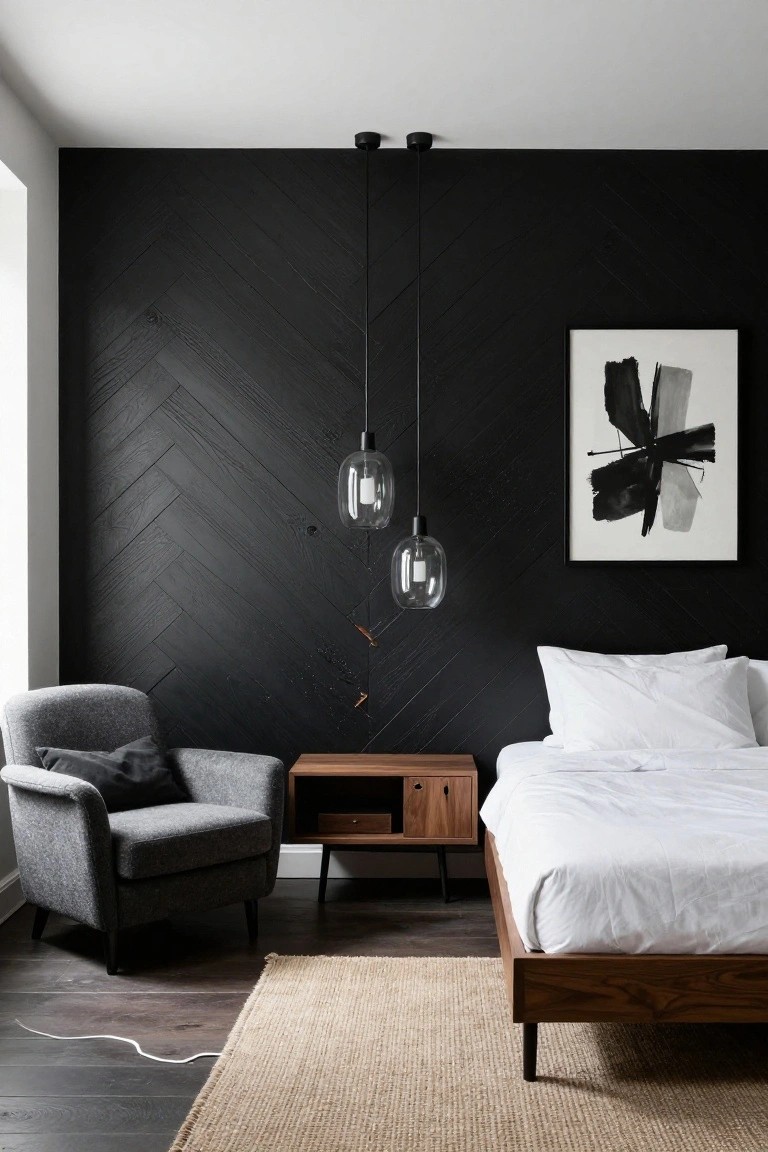 Bedroom with black herringbone wood paneling on accent wall, white bed with pillows, wooden bed frame and nightstand, gray armchair with pillows, two glass pendant lights, abstract black and white artwork, and beige rug on dark wood floor.