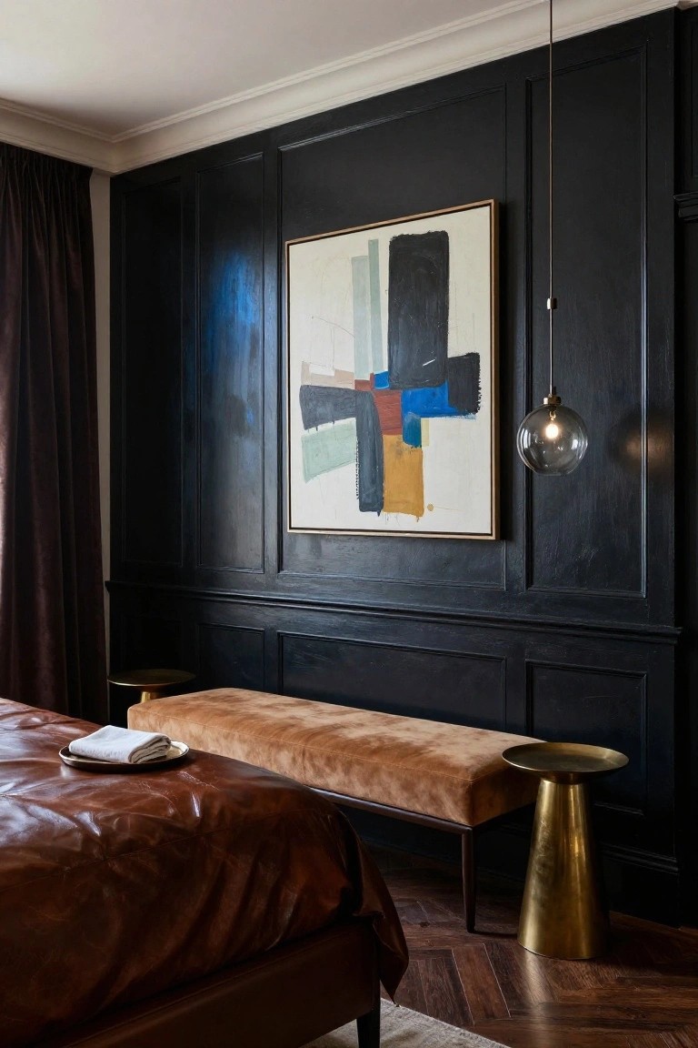 A luxury bedroom with matte black paneled walls, brown leather bed, orange velvet bench at the foot, brass pedestal tables, and a large abstract painting on the wall.