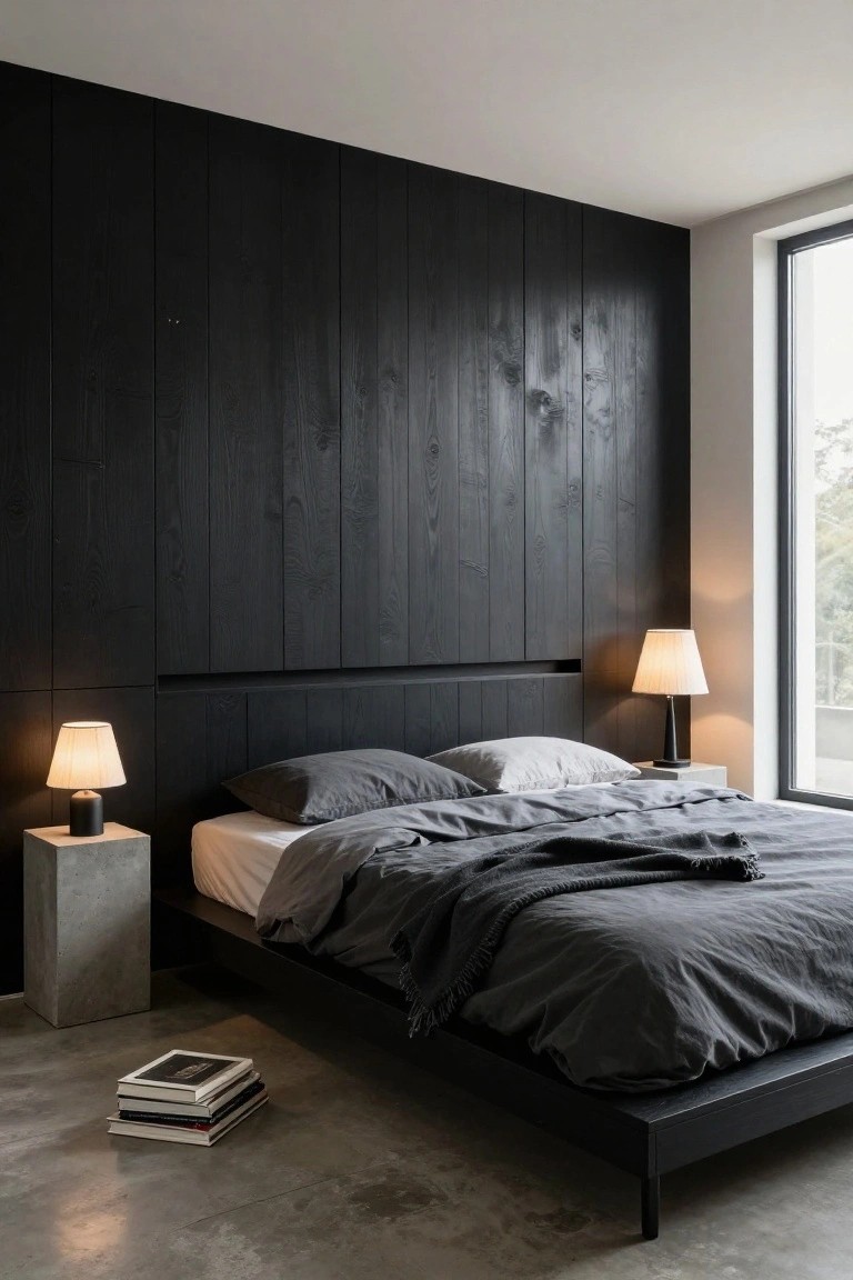 Modern bedroom with black vertical wood slat paneling on the wall behind a low black bed dressed in gray linens, two bedside lamps on concrete pedestals, stacks of books on the polished concrete floor, and a large window to the side.