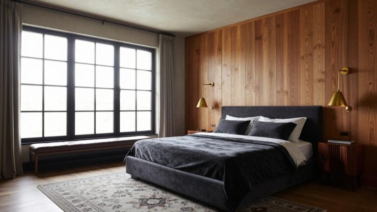 Bedroom with light vertical wood paneling on walls, black velvet upholstered bed with pillows and duvet, brass wall lamps, wood nightstand, leather bench at foot, and patterned rug on wood floor.