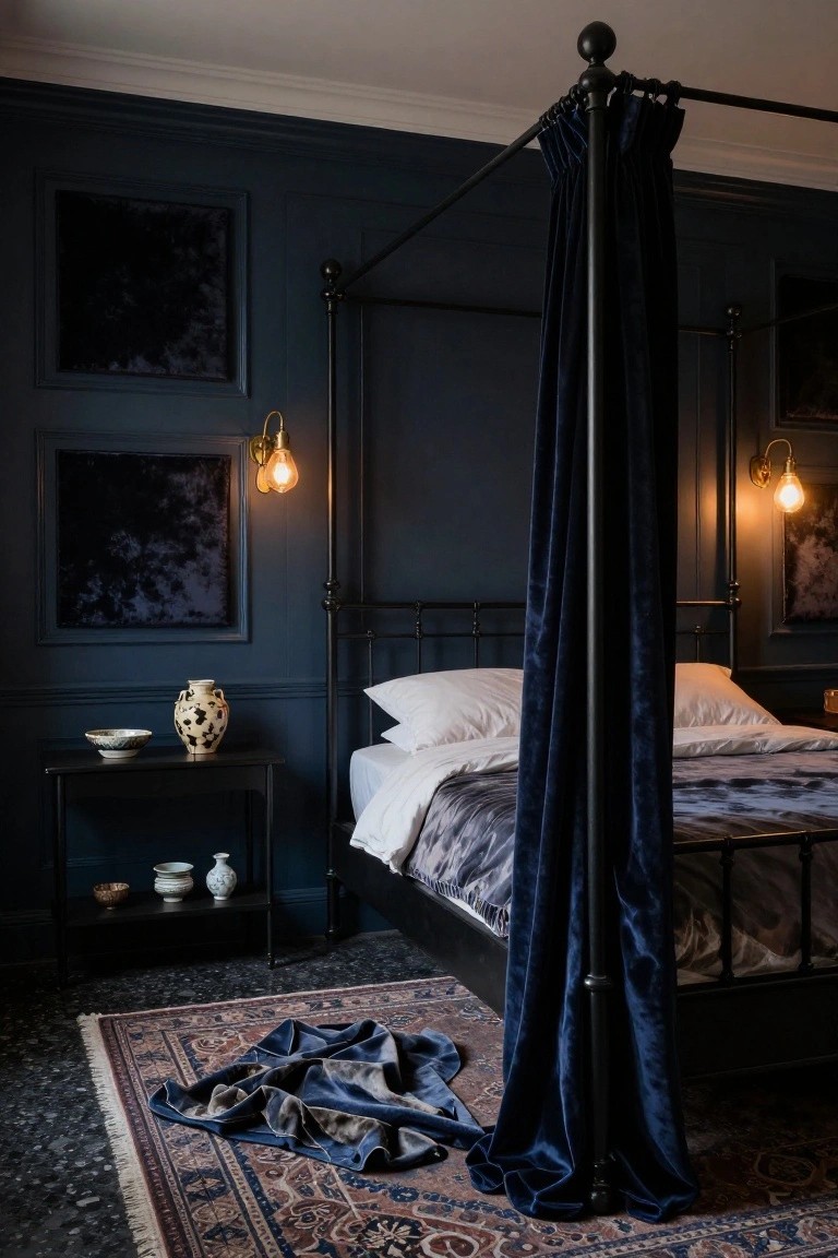 Dark navy bedroom with large framed black velvet panels on walls, black four-poster bed with draped velvet curtains and white bedding, brass wall sconces with bulb lights, side table with ceramic vases, and Persian rug on floor.