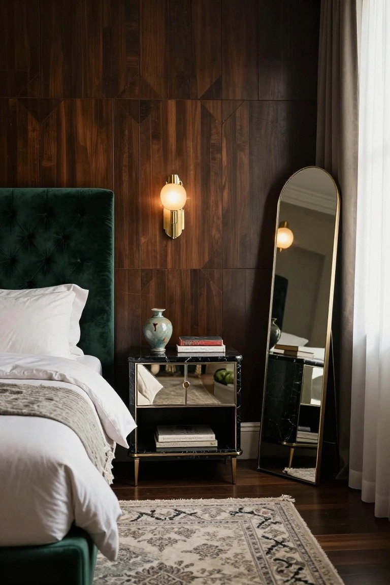 Bedroom interior with dark wood geometric wall paneling, green velvet tufted headboard, white bedding with gray throw, black marble nightstand holding a vase and books, tall gold full-length mirror, and patterned rug on wood floor.