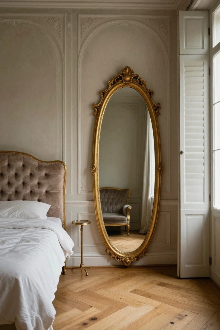 Beige bedroom with parquet wood floors, tufted bed headboard, tall gold oval mirror on wall with arched plaster mouldings, small chair reflected in mirror, and open shutters on French doors.