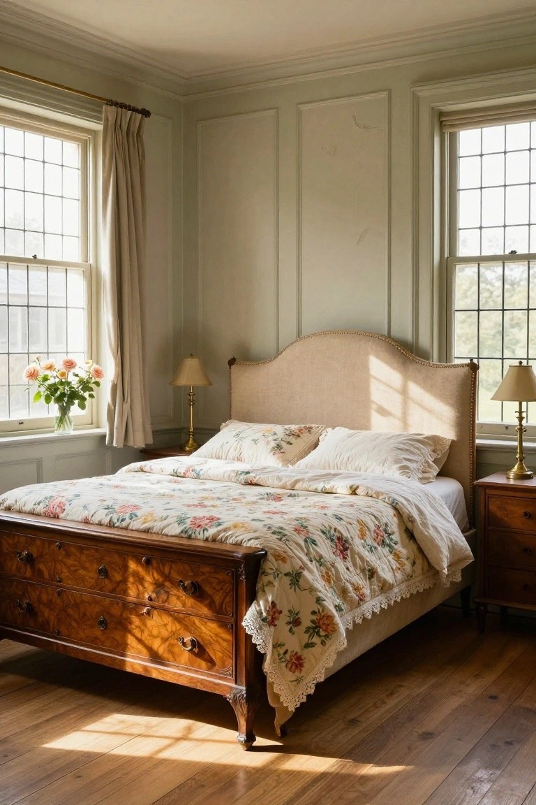 Sunlit corner of a bedroom with pale green panelled walls, large wooden bed frame with floral quilt and white linens, beige upholstered headboard, brass lamps on wooden nightstands, and a vase of pink roses near leaded glass windows with cream curtains.