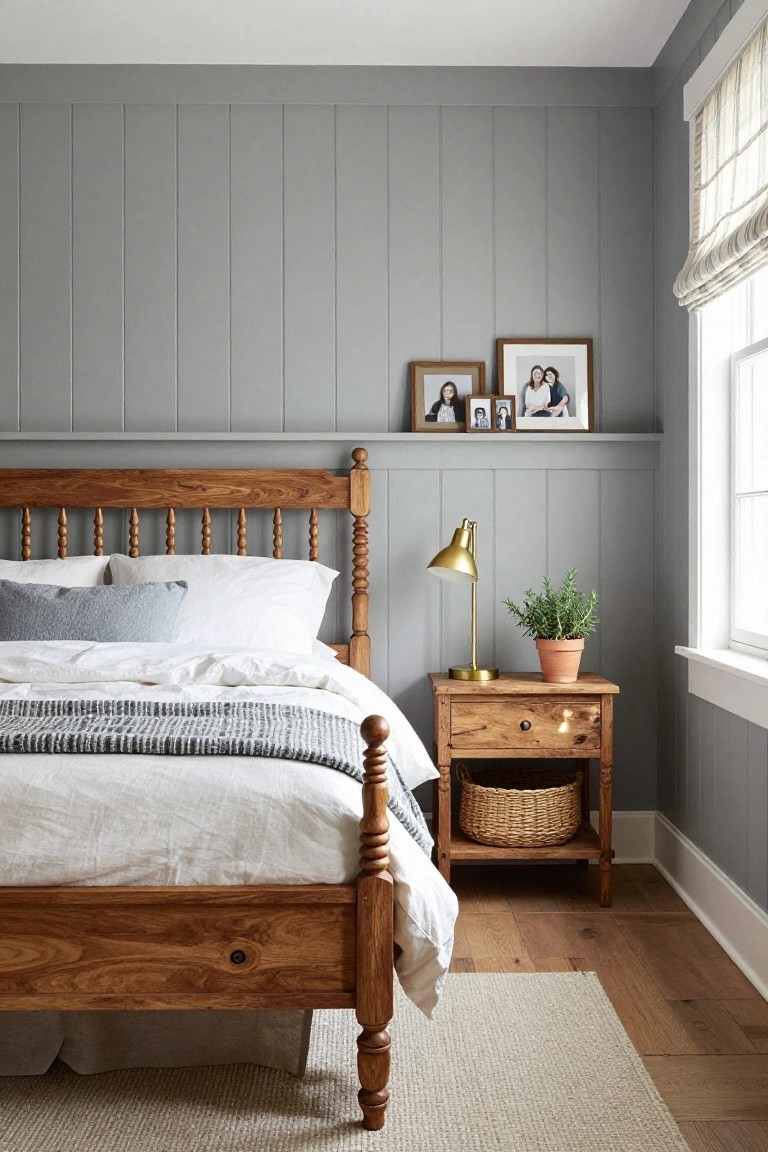 A bedroom with light gray vertical shiplap walls, wooden spindle bed with white linens and gray throw, wooden nightstand holding a gold lamp and potted plant, and framed family photos on a shelf above the bed.