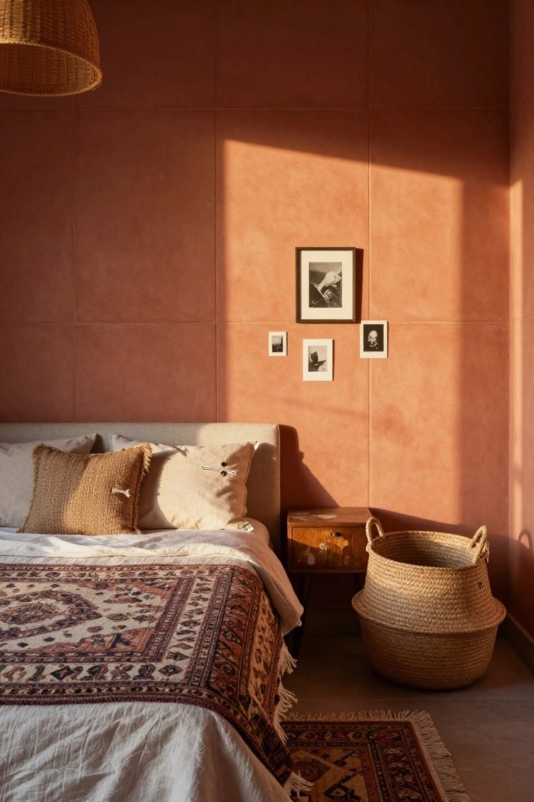 Bedroom interior with textured terracotta wall panels, a bed draped in white linens over a patterned rug, wooden side table, woven baskets, and small black-and-white framed photos on the wall.